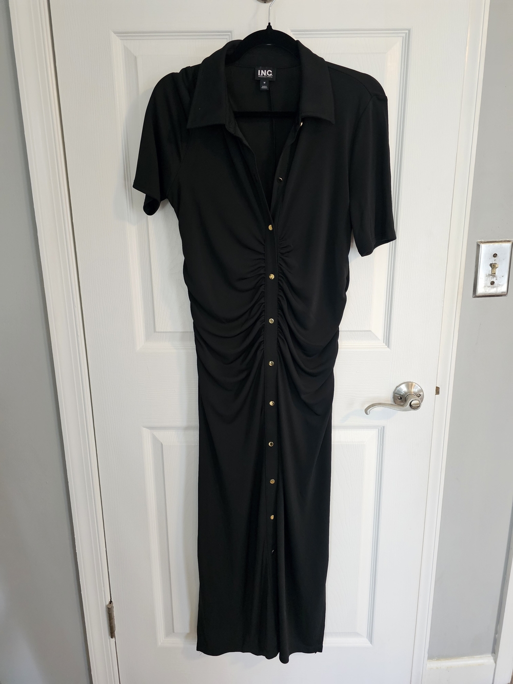 INC International Concepts Black Ruched Button-Front Midi Dress